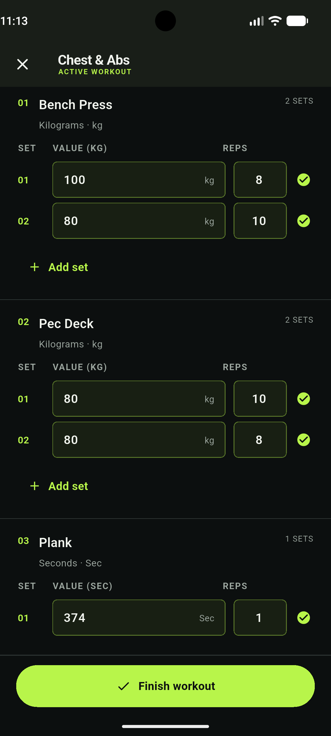 Gym Tracker live Chest and Abs workout with recorded sets and a custom plank duration