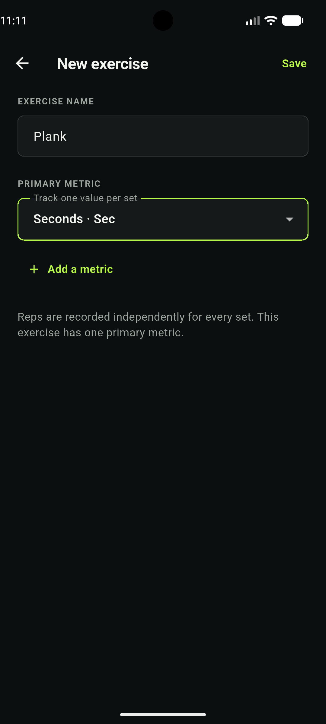 Gym Tracker exercise setup with a custom seconds metric for Plank