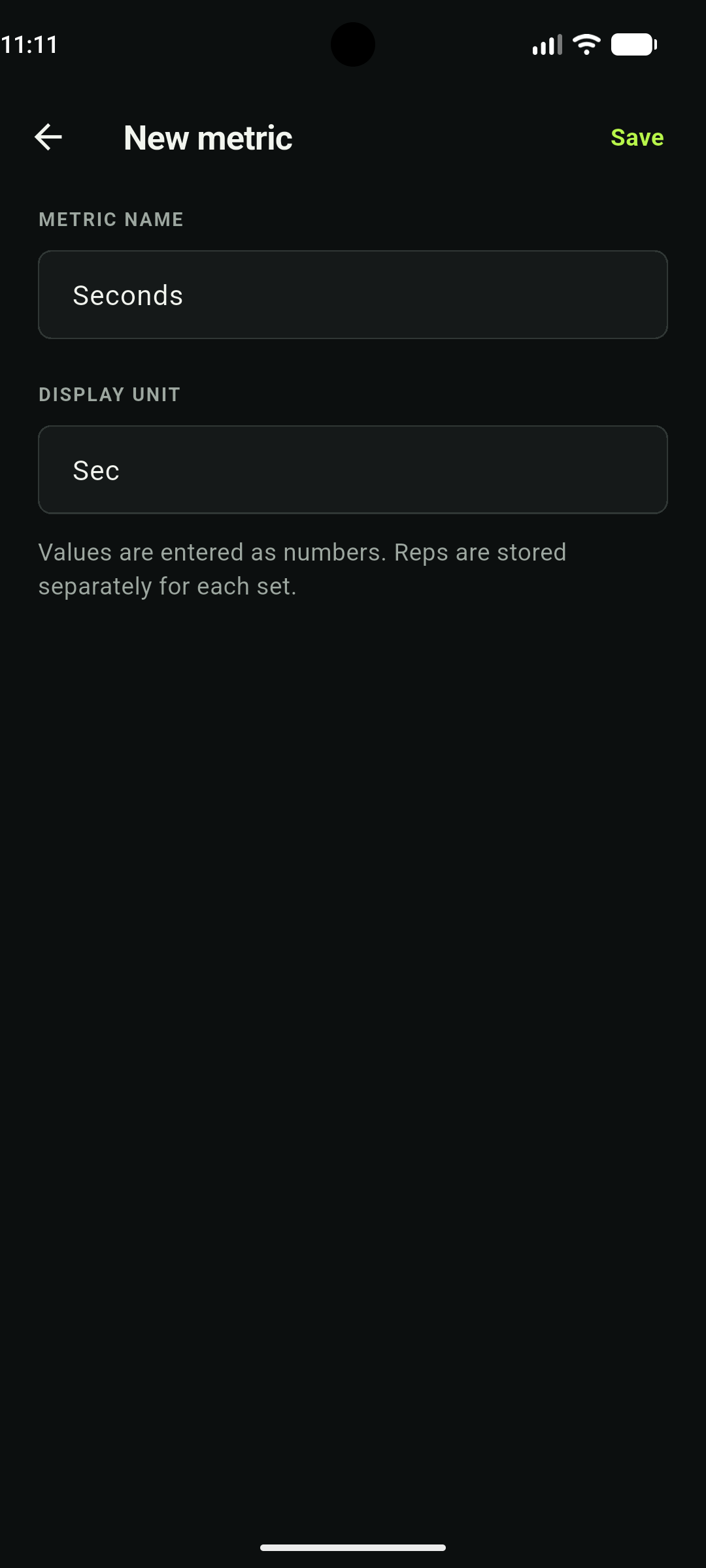 Gym Tracker custom exercise form setting a seconds-based metric